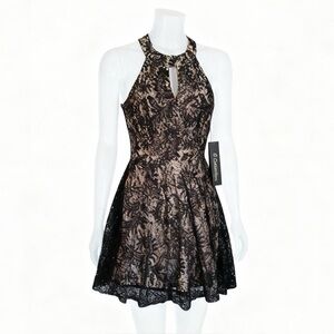 Glam Lace Nude Lined Floral Mini Dress Front Back Keyholes Halter Party Cocktail